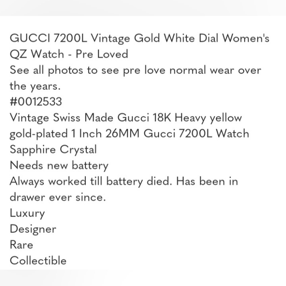 VINTAGE GUCCI 7200L 18K Gold plated White Dial Women's QZ Watch - Pre Loved - Picture 10 of 10